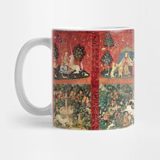 FOUR LADY AND UNICORN STORIES ,Fantasy Flowers,Animals, Red Green Floral Tapestry Mug